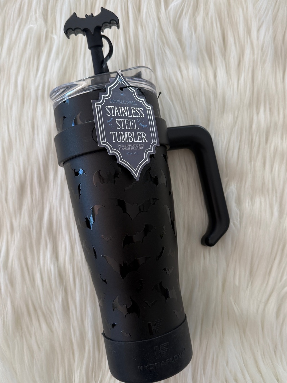 Hydro Flow Black Stainless Steel Tumbler with Bat Straw Topper NEW
